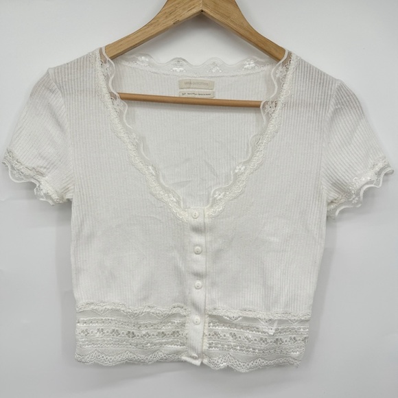 UO Darcy White Cropped Cardigan Women’s S Ribbed Lace Crochet Trim Coquette - Picture 5 of 11